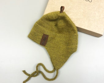 Greenish Mustard Alpaca wool ear flap hat, knit natural yellow unisex winter bonnet, knitted kids helmet, baby, girls, boys, infant,toddler