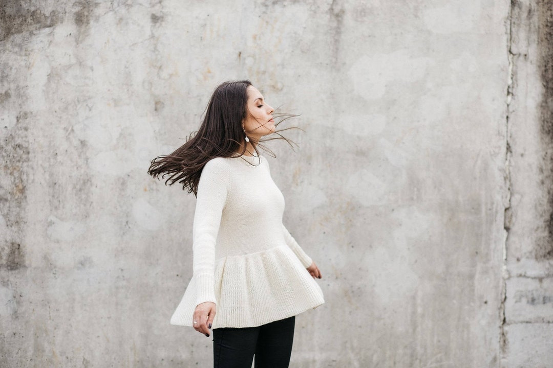 Peplum Sweater, Alpaca Wool Women Pullover, Natural White Knit
