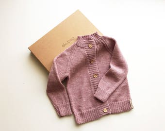 Alpaca sweater with wooden buttons, dusty rose knit girl pullover, pink kids jumper, children wool cardigan for baby, infant, toddler, boy