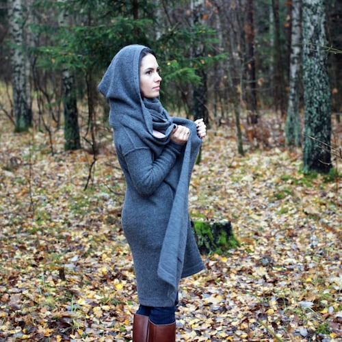 Alpaca wool cardigan with hood and pockets, long sweater with belt, woman gift, knit hooded coat, gray, navy, beige, white wrap for her
