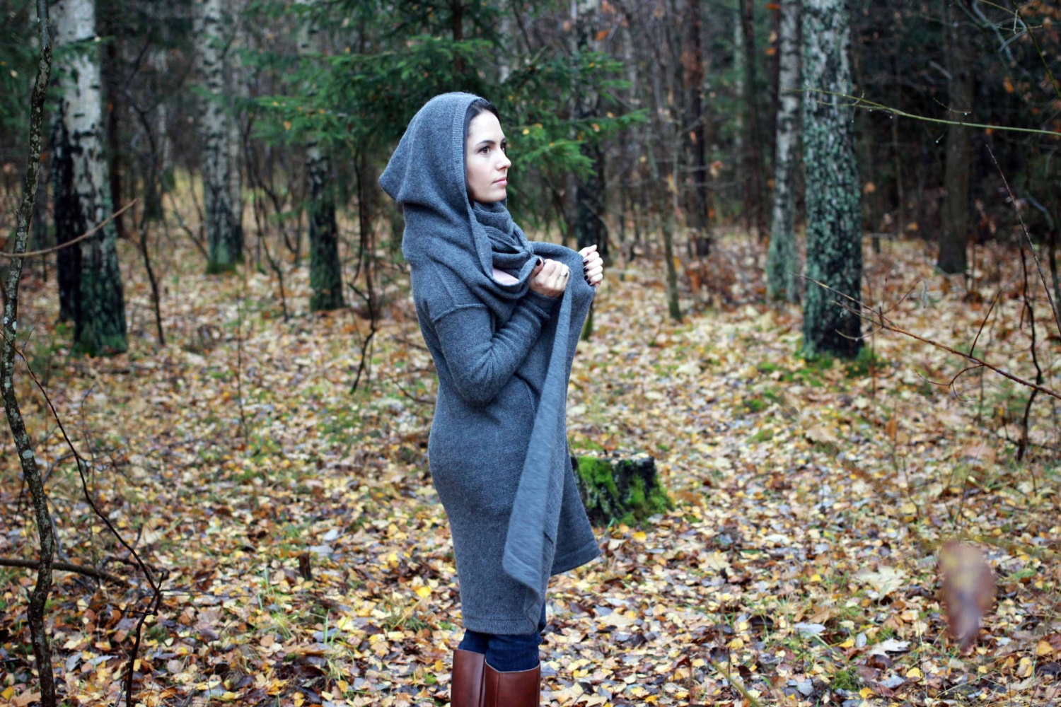Alpaca wool cardigan with hood and pockets, long sweater with belt, woman gift, knit hooded coat, gray, navy, beige, white wrap for her