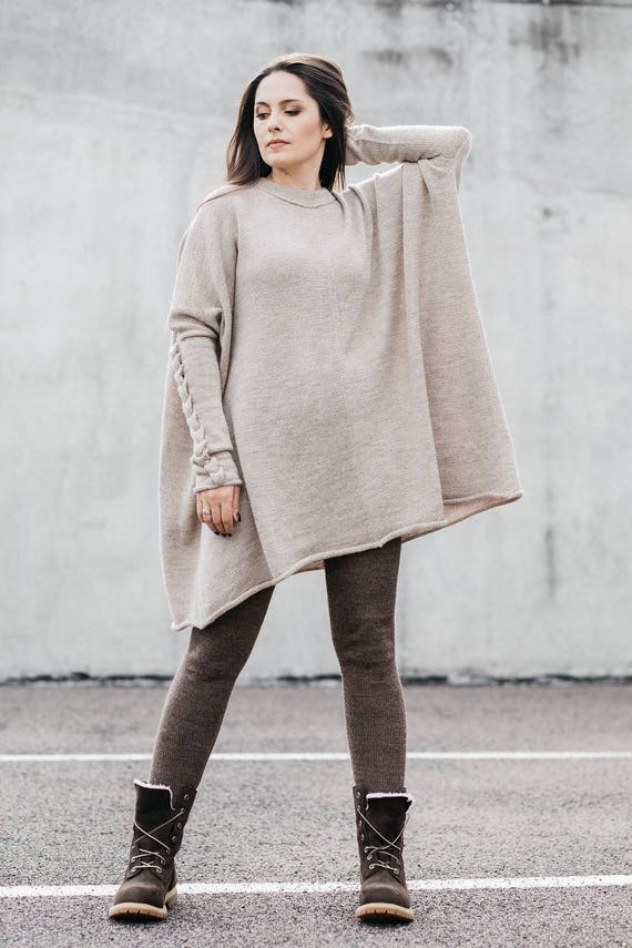 Alpaca Oversize Sweater for Women, Wool Cable Knit Top, Light