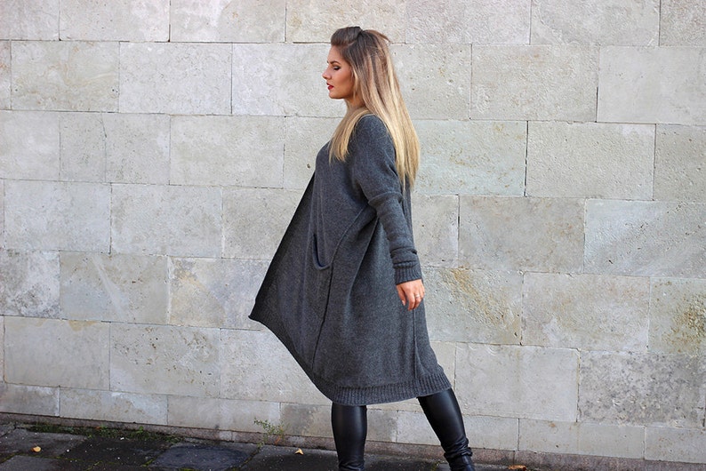 Gray oversized alpaca wool open cardigan, sweater with pockets, knit black coat, loose fit, plus size, maternity drape wrap, woman gift image 4