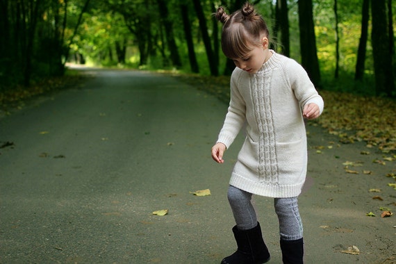 Alpaca Knit Girl Dress with Cables, White Girl Tunic, Gray Baby Jumper Dress, Infant, Toddler Pink, Dusty Rose, Long Sweater with Pockets