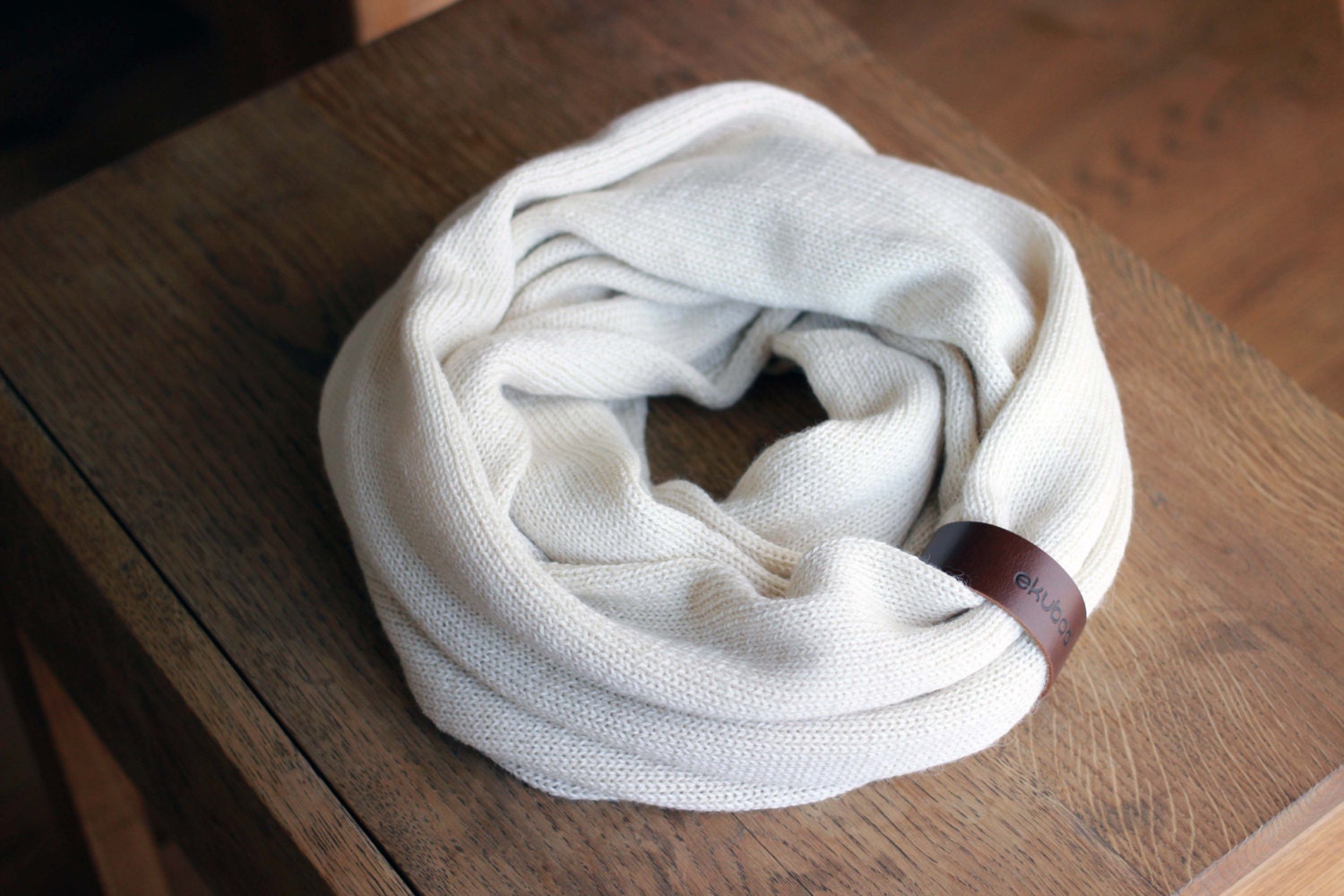 Alpaca Wool Infinity Scarf With Leather Bracelet - Knit White Snood ...
