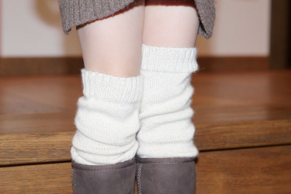 White Leg Warmers, Baby Alpaca Wool Knit Natural White, Brown