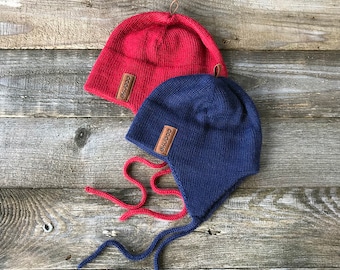 Red Alpaca hat, knit wool ear flap, Christmas gift, navy unisex winter bonnet, knitted kids helmet, baby, girls, boys, infant, toddler