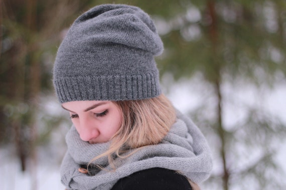Dark Gray Slouchy Beanie Hat Knitted 