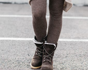 Brown Alpaca Leggings, Skinny Pants, Natural Wool Trousers, Knit