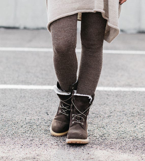 Brown Alpaca Leggings, Skinny Pants, Natural Wool Trousers, Knit