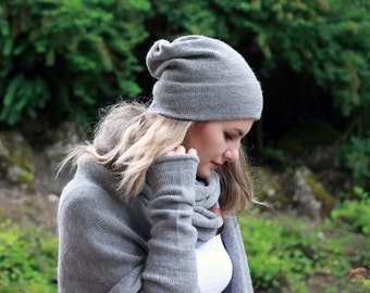 Alpaca slouchy beanie for women light gray knit hat kitted adults winter beanie