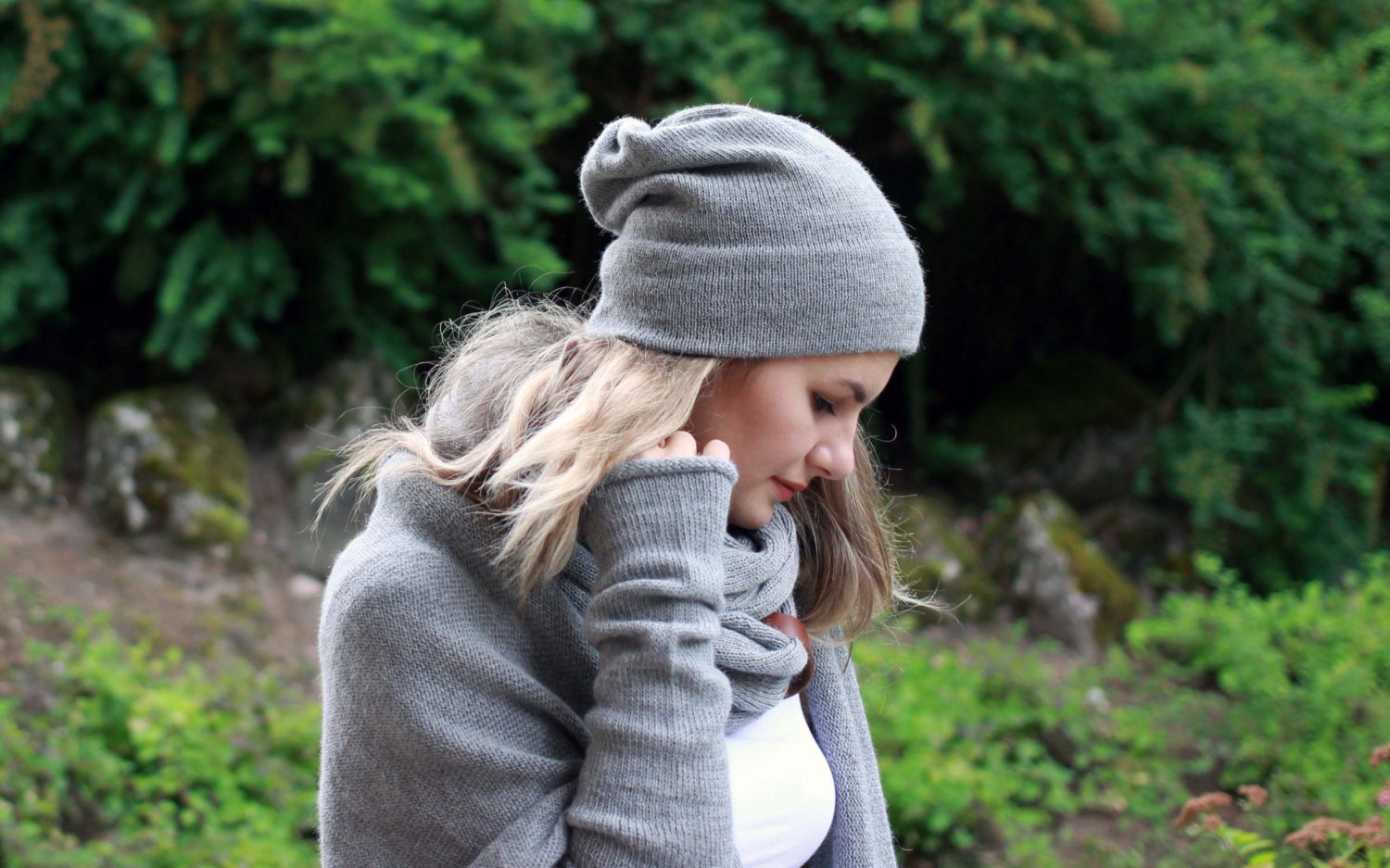 Alpaca Slouchy Beanie Women Light Gray Knit Hat Kitted -