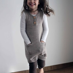 Alpaca knit girl dress with pockets, knit cream rose/pink beige, gray girl tunic knitted baby alpaca sleeveless jumper dress image 4