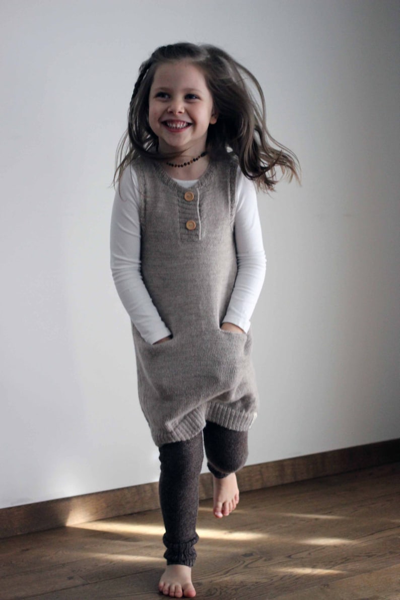 Alpaca knit girl dress with pockets, knit cream rose/pink beige, gray girl tunic knitted baby alpaca sleeveless jumper dress image 4