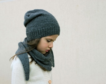 Alpaca kids hat dark gray wool knit slouchy beanie knitted baby toddler children unisex hat