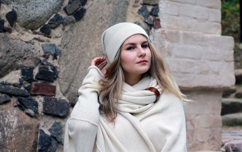 Alpaca Wool Infinity Scarf With Leather Bracelet - Knit White Snood ...