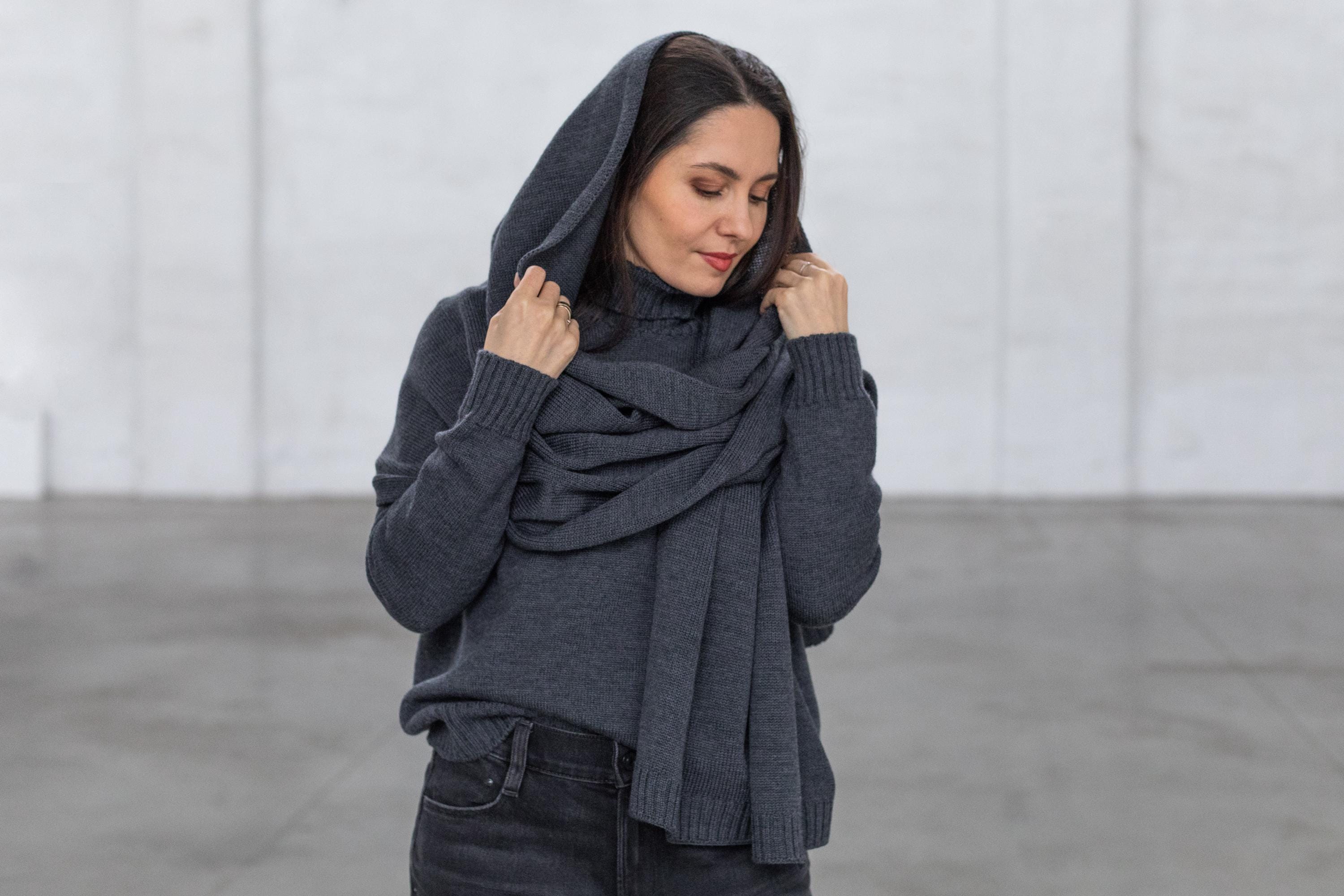 Merino wool scarf. Dark gray blanket scarf, oversized scarf for women, gray extra long winter merino shawl