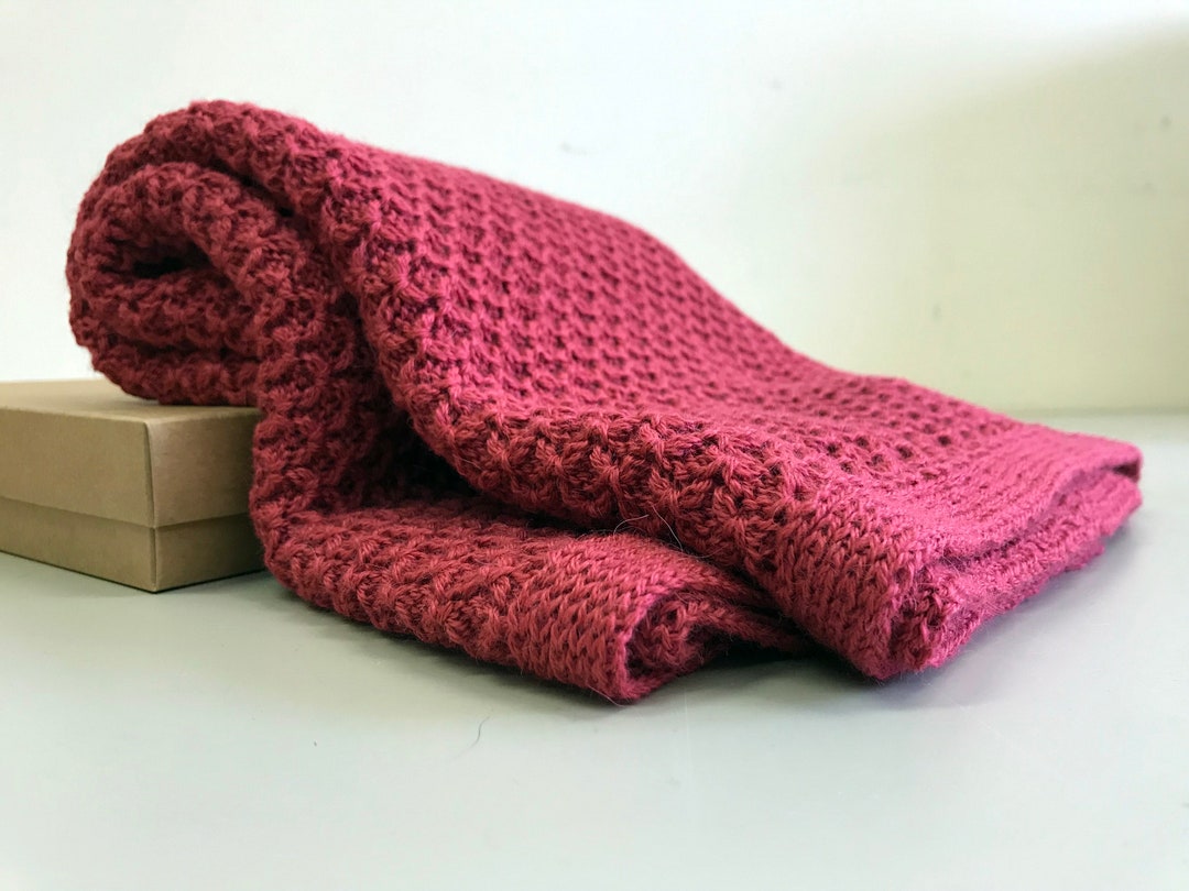 Alpaca Baby Blanket, Raspberry Knit Wool Baby Wrap, Knitted Natural