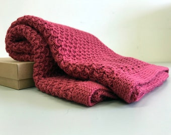 Alpaca baby blanket, raspberry knit wool baby wrap, knitted natural pink throw, baby girl, baby boy, newborn gift