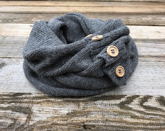 Gray alpaca infinity scarf with wooden buttons, knit black wool snood, white knitted circle scarf, woman gift, warm winter scarf