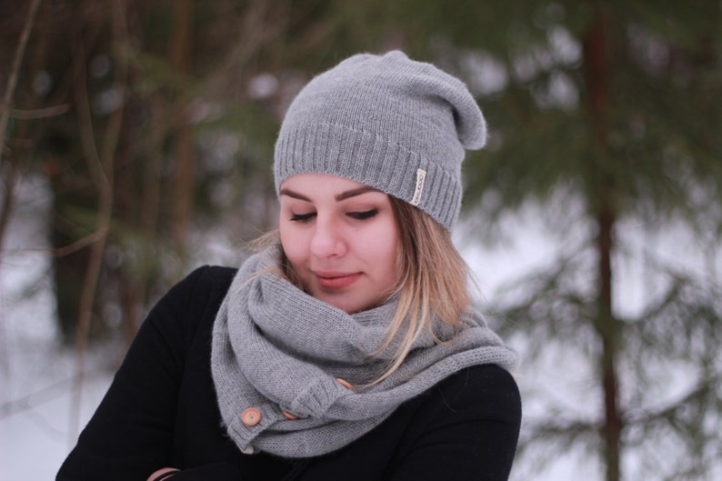 Alpaca Infinity Scarf With Wooden Buttons - Knit Gray Wool Snood ...
