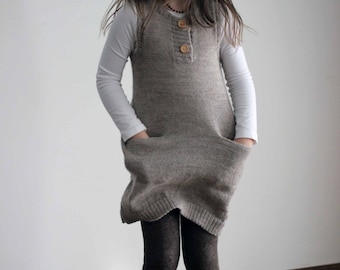 Alpaca knit girl dress with pockets knit beige, gray girl tunic knitted baby alpaca sleeveless jumper dress with wooden buttons