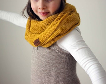 Alpaca snood, knit mustard yellow infinity scarf, knitted kids winter cowl, children unisex tube scarf for infant, toddler, girl, boy