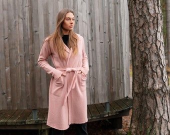 Cashmere cardigan with hood and pockets, pink long sweater with belt, woman gift, knit hooded coat, dusty rose wrap for her