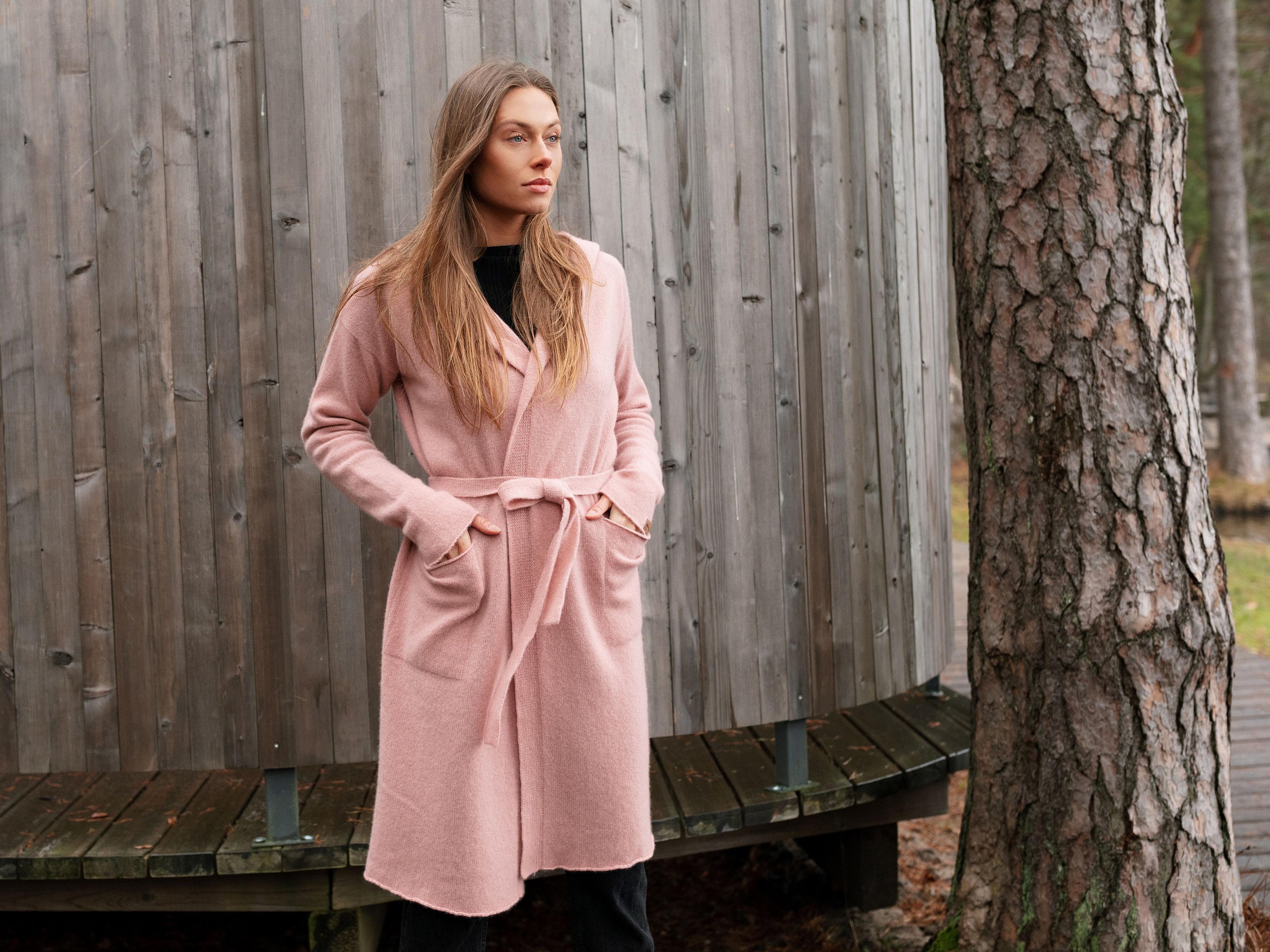 Cashmere Cardigan With Hood and Pockets, Pink Long Sweater Cashmere Cardigan With Hood and Pockets, Pink Long Sweater