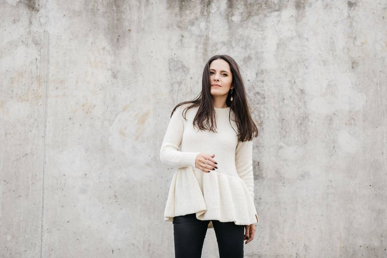 Peplum sweater, Alpaca wool women pullover, natural white knit cardigan, light beige, gray winter top, black jumper for women image 3