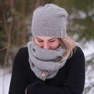 Alpaca Infinity Scarf With Wooden Buttons - Knit Gray Wool Snood ...