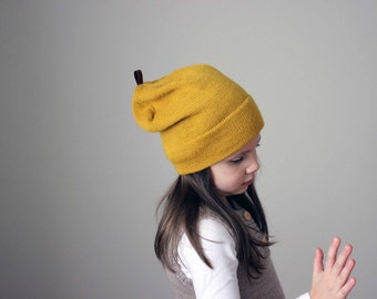 Baby Alpaca hat - wool kids knit mustard yellow hat - knitted slouchy beanie - children unisex hat - infant, toddler oversized hat
