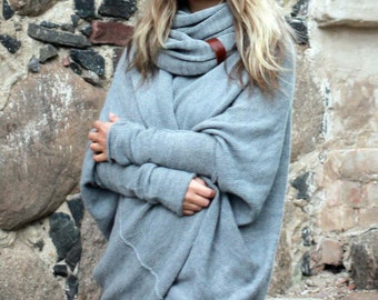 Long wool sweater, woman gift, Alpaca wool oversized loose cocoon cardigan, knit light gray shrug, bohemian wrap, boho coat, romantic style