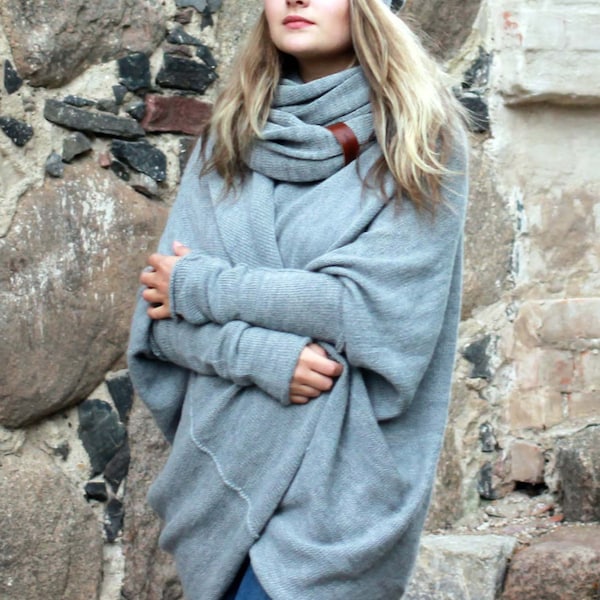 Długi wełniany sweter, prezent dla kobiety, luźny kardigan typu kokon z wełny alpaki, dzianinowy jasnoszary bolerko, boho otulacz, boho płaszcz, romantyczny styl