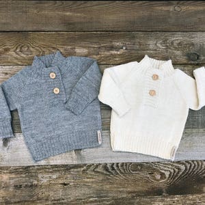 White Alpaca knit sweater with wooden buttons, gray girl pullover, knitted infant, toddler, kid jumper, children wool cardigan, baby top
