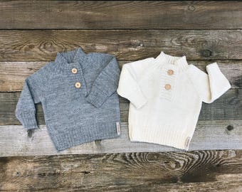 White Alpaca knit sweater with wooden buttons, gray girl pullover, knitted infant, toddler, kid jumper, children wool cardigan, baby top