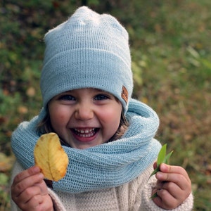Alpaca snood, knit light blue infinity scarf, knitted kids winter cowl, children unisex tube scarf for infant, toddler, girl, boy