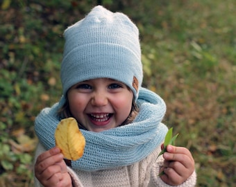 Alpaca snood, knit light blue infinity scarf, knitted kids winter cowl, children unisex tube scarf for infant, toddler, girl, boy