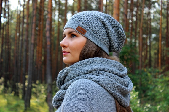 Mens Lightweight Handmade Slate Grey Alpaca Slouchy Beanie Hat