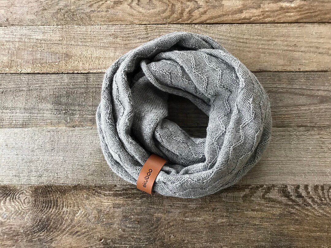 Gray Alpaca Wool Infinity Scarf, Knit Textured Snood With Leather ...