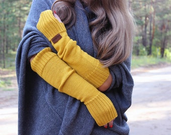 Mustard Alpaca knitted fingerless mittens for women, wool knit finger less gloves, long wool arm warmers, fingerless mitts