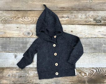 Charcoal alpaca sweater, Baby alpaca cardigan with hood, knit hooded wool coat, beige, white, infant, toddler, girl, boy, kids jacket