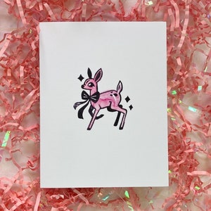 Biglietto di auguri per le feste con cervo rosa, biglietto di auguri carino per le feste, cervo vintage, decorazioni natalizie vintage, biglietto di auguri di Natale non religioso, biglietto di auguri vuoto per le feste