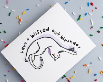 Biglietto di auguri di compleanno con gatto in estasi, linoleografia, formato A2