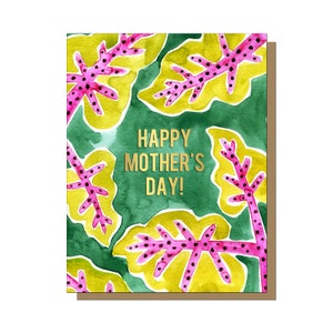 Cartão de feliz dia das mães, folhas de alocasia, cartão de dia das mães da filha, cartão de dia das mães do filho, cartões de folha de ouro, cartão para a mãe