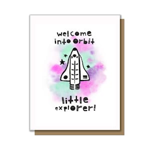 Kleine Explorer wenskaart, nieuwe babykaart, baby shower kaart, nieuwe moeder kaart, babycadeau, ruimte babyshower, welkom babykaart, kleine ster