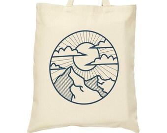 Mountain design Tote, Sun, Clouds, Cotton Canvas, Tote Bag, Double-sided design