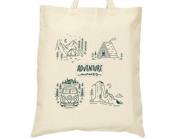 Adventure Tote, Camping, Mountains, Cotton Canvas, Tote Bag, Double-sided design