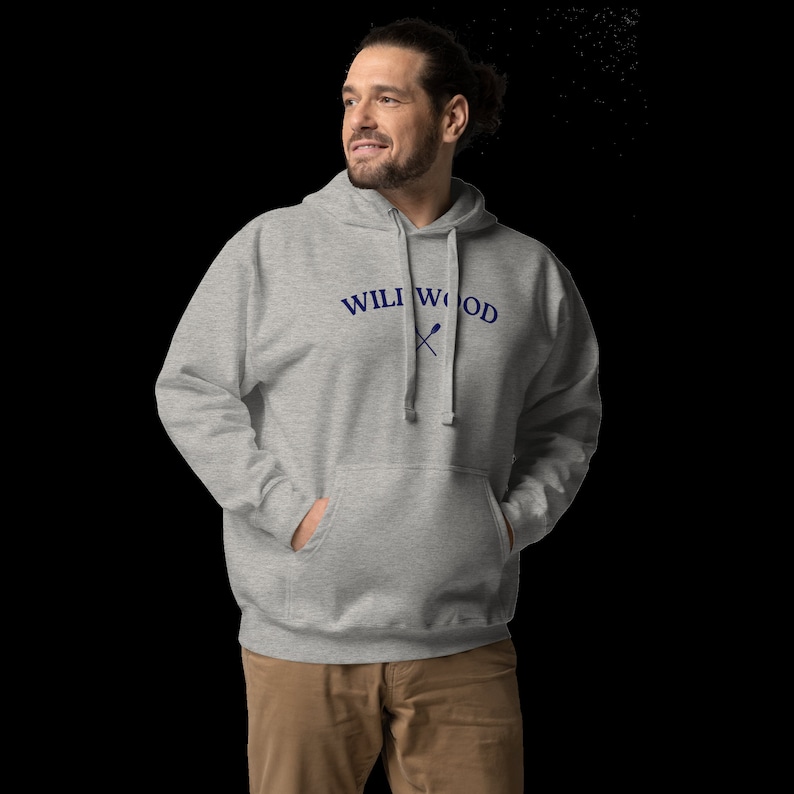May include: A gray hooded sweatshirt with a navy blue embroidered logo that says "WILWOOD" with two crossed oars.