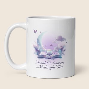Maanverlichte hoofdstukken en middernachttheemok | koffiemok boekenliefhebber | Fantasy Reader-mok | Leesgrage mok | Reading Nook-mok